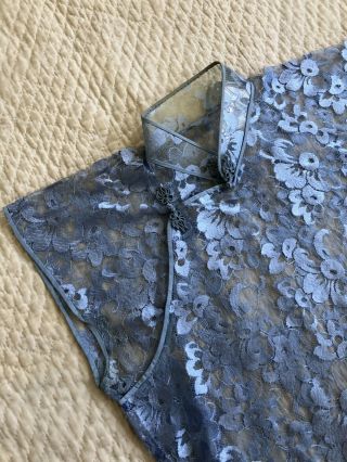 Vintage Chinese 1930s Blue Silk Floral Lace Cheongsam Qipao Slip Art Deco Sheer 10