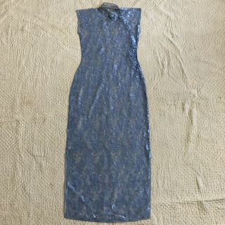Vintage Chinese 1930s Blue Silk Floral Lace Cheongsam Qipao Slip Art Deco Sheer 12