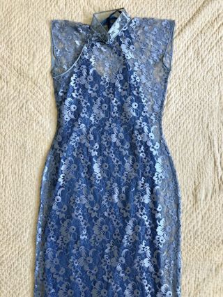 Vintage Chinese 1930s Blue Silk Floral Lace Cheongsam Qipao Slip Art Deco Sheer
