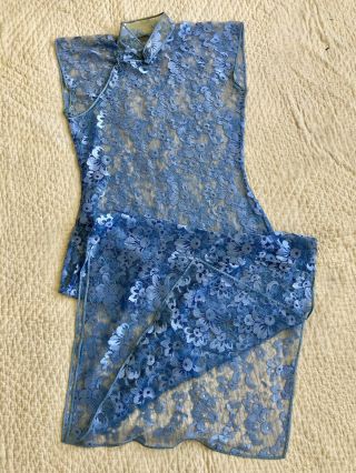 Vintage Chinese 1930s Blue Silk Floral Lace Cheongsam Qipao Slip Art Deco Sheer 2