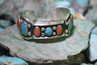 Old Pawn Vintage Navajo Cuff Bracelet,  Sterling,  Blue Turquoise And Red Coral.
