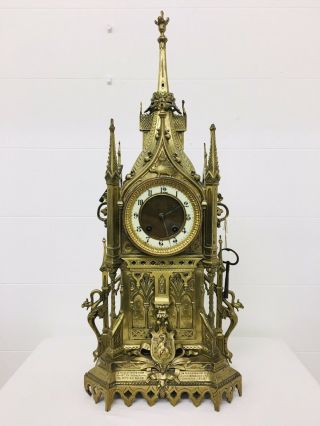 Rare 1893 Pugin Style GOTHIC REVIVAL Gilt Bronze Brass CATHEDRAL Large CLOCK 12