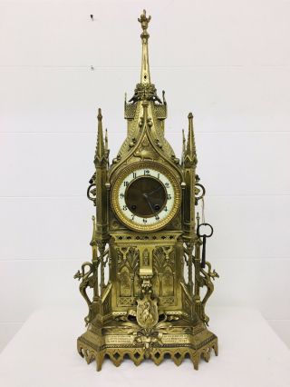 Rare 1893 Pugin Style Gothic Revival Gilt Bronze Brass Cathedral Large Clock