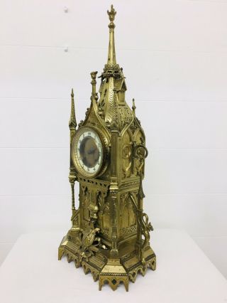Rare 1893 Pugin Style GOTHIC REVIVAL Gilt Bronze Brass CATHEDRAL Large CLOCK 2