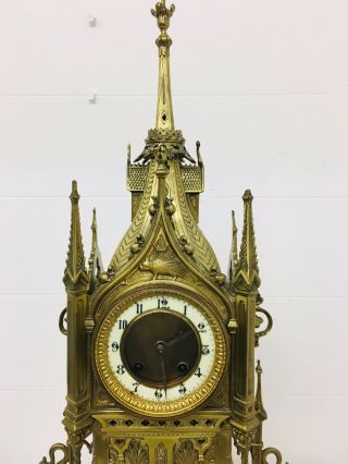 Rare 1893 Pugin Style GOTHIC REVIVAL Gilt Bronze Brass CATHEDRAL Large CLOCK 6