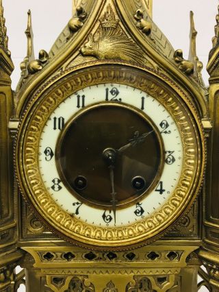 Rare 1893 Pugin Style GOTHIC REVIVAL Gilt Bronze Brass CATHEDRAL Large CLOCK 7