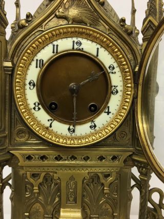 Rare 1893 Pugin Style GOTHIC REVIVAL Gilt Bronze Brass CATHEDRAL Large CLOCK 9