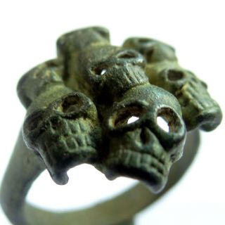 Roman Ancient Artifact Bronze Gladiator Ring With Seven Skulls
