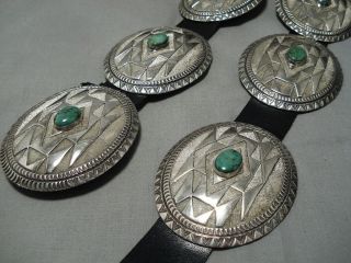 ONE OF BIGGEST VINTAGE NAVAJO GREEN TURQUOISE STERLING SILVER CONCHO BELT 5