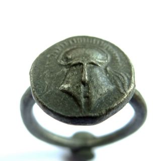 Roman Ancient Artifact Silver Gldiator Ring With Mask