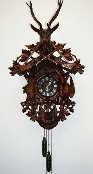 Antique Black Forest Huge (45.  5) Cuckoo Hunt Wall Clock