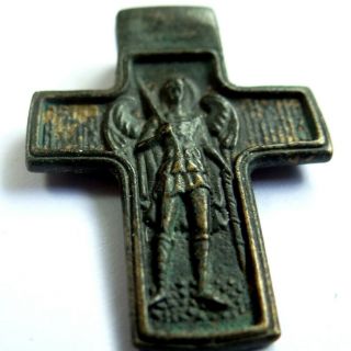 Russian Ancient Artifact Bronze Cross With Archangel Michael Double Sides