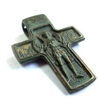 RUSSIAN ANCIENT ARTIFACT BRONZE CROSS WITH ARCHANGEL MICHAEL DOUBLE SIDES 8