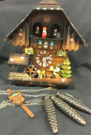 Vtg Cuckoo Clock Chalet With Mill Beer Drinker Dog Trees Swiss Musical Movement