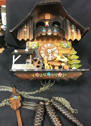 Vtg Cuckoo Clock Chalet with Mill Beer Drinker Dog Trees Swiss Musical Movement 2