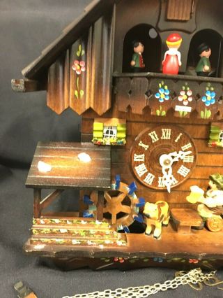 Vtg Cuckoo Clock Chalet with Mill Beer Drinker Dog Trees Swiss Musical Movement 3