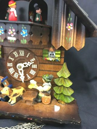 Vtg Cuckoo Clock Chalet with Mill Beer Drinker Dog Trees Swiss Musical Movement 4