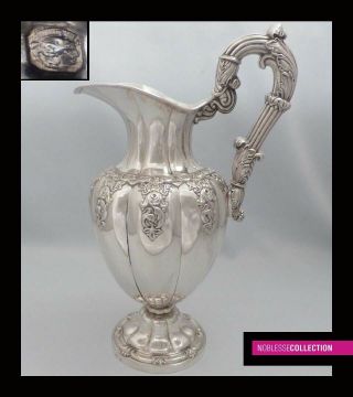 Huge Antique 1840s French Sterling Silver Repousse Water Pitcher Ewer 13.  38 In.