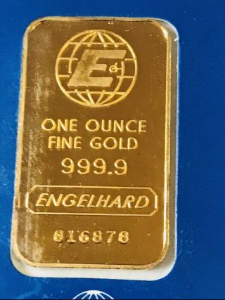 Rare 1 Oz Engelhard Gold Bar 999.  9 Fine Gold With Matching Assay Certificate