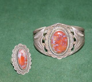 Vintage Handmade Southwestern Sterling Silver & Red Cabochon Bracelet & Ring Sz7