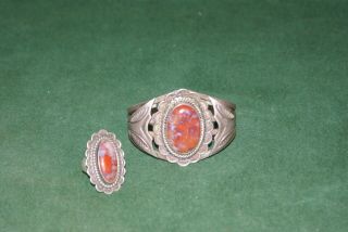 Vintage Handmade Southwestern Sterling Silver & Red Cabochon Bracelet & Ring SZ7 2