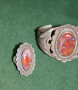Vintage Handmade Southwestern Sterling Silver & Red Cabochon Bracelet & Ring SZ7 3