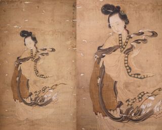 Antique Chinese Scroll Painting On Silk Female Figure With Calligraphy And Seal