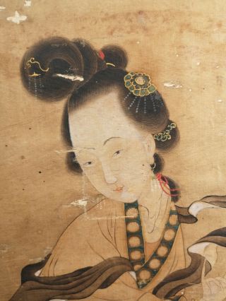 Antique Chinese Scroll Painting on Silk Female Figure with Calligraphy and Seal 2