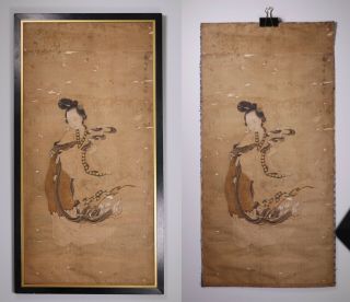 Antique Chinese Scroll Painting on Silk Female Figure with Calligraphy and Seal 3