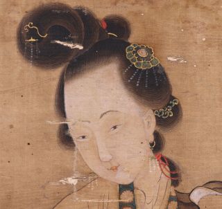 Antique Chinese Scroll Painting on Silk Female Figure with Calligraphy and Seal 4
