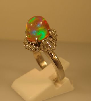 Vintage 1960s Platinum Mexican Fire Opal Diamond Ring - 5.  72ctw