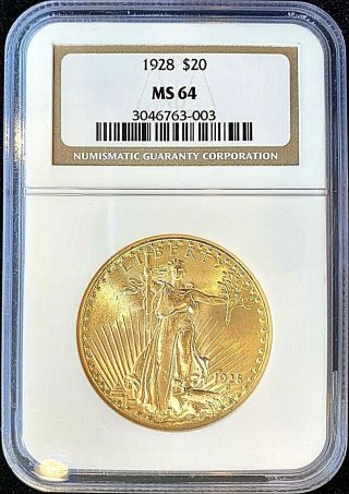 1928 $20 American Gold Eagle Saint Gaudens Ms64 Ngc Gem Coin Rare Date