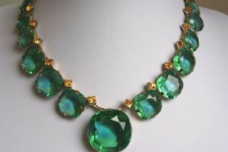 Fine Vintage Emerald & Citrine Paste Gemstone Set Necklace & Earrings Set 47.  0cm