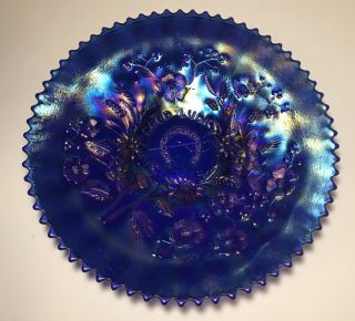 Northwood GOOD LUCK ANTIQUE BLUE CARNIVAL GLASS RIBBED PLATE Electric RARE 2