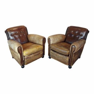Vintage French Leather Club Chairs - A Pair