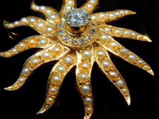 Vintage.  7 Carat Diamond & Pearl Sunburst Pendant Brooch Pin 14k Yellow Gold