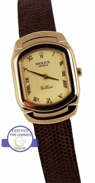Ladies Vintage Rolex Cellini Geneve 6631 24mm 18k Yellow Gold Leather Watch
