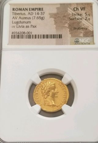 Roman Empire Tiberius Gold Aureus Ngc Choice Vf 5/2 Ancient Lugdunum Coin