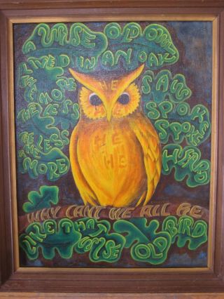 Vintage Modernist Satirical Oil Painting Owl Signed Lettrism Framed Vtg Old