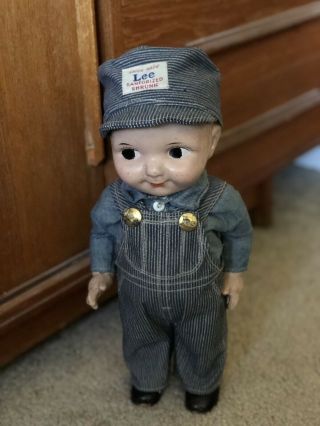 Vtg Buddy Lee Hard Conposition Railroad Doll Union Made Striped Overalls Hat