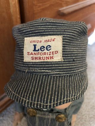 VTG Buddy Lee Hard Conposition Railroad Doll Union Made Striped Overalls Hat 5