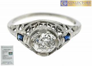 Antique Art Deco 1.  31ctw Old European Diamond Sapphire 18k White Gold Ring Egl