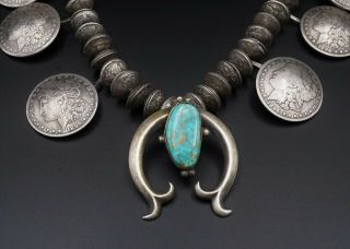 Vintage Coin Silver Squash Blossom Turquoise Necklace 27 " Navajo Pearls Ns1516