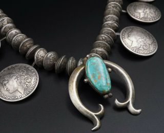 Vintage Coin Silver Squash Blossom Turquoise Necklace 27 