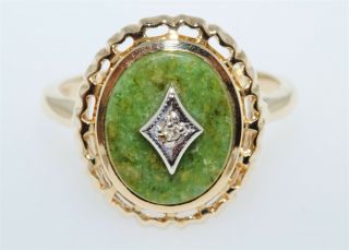 Antique Vintage Art Deco 10k Yellow Gold Green Stone & Diamond Ring