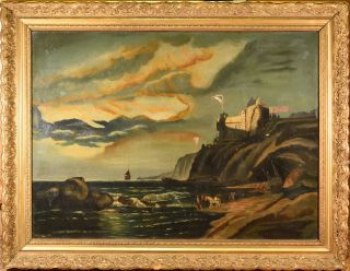 Outstanding Antique Large Oil Painting On Canvas,  Seascape,  Rocky Coast & Castle