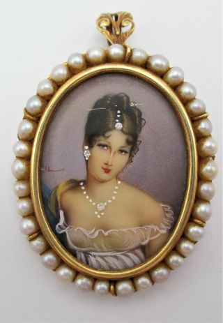 Antique Hand Painted Victorian Lady 18k Gold Cameo Vtg Brooch Pin Pendant Pearls