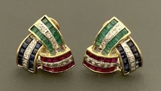 Vintage Estate 2.  25ct Ruby Sapphire & Emerald 14k Yellow Gold Omegaback Earrings