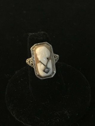 Antique Vintage 14k White Gold Cameo Ring W/ Diamond Filigree