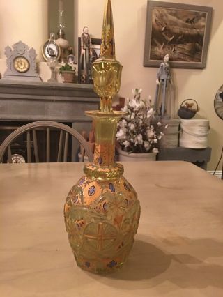 Antique Bohemian Vaseline Glass Decanter - Moser Style - Hand Painted